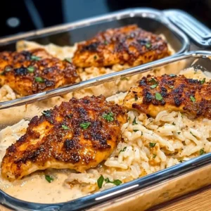 High protein creamy Cajun chicken served with rice for a delicious meal