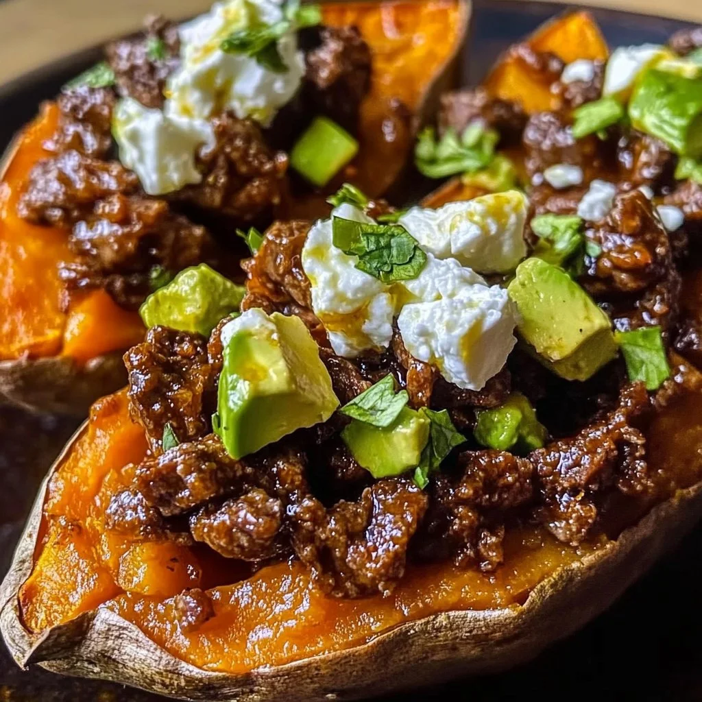 Delicious Hot Honey Beef served in sweet potato boats for a healthy meal
