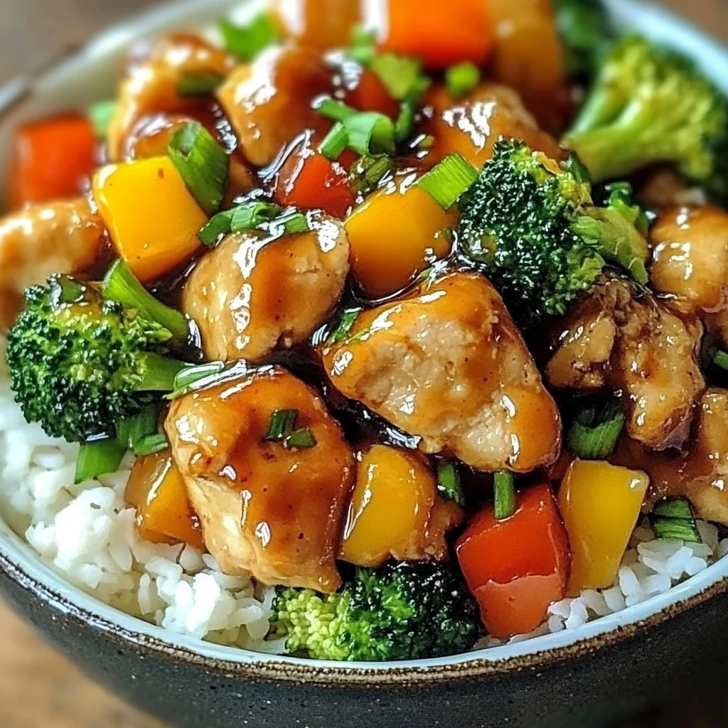 Delicious hot honey chicken bowl with colorful vegetables and honey drizzle