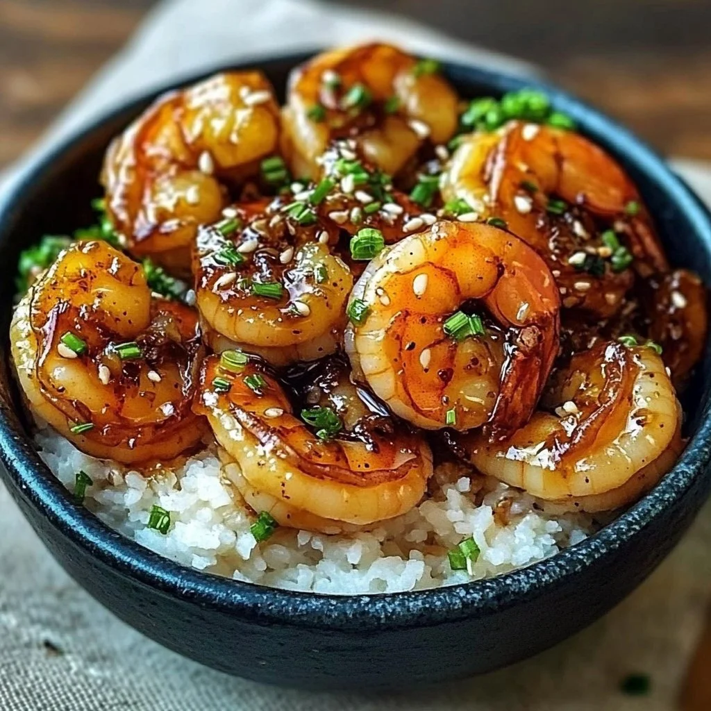 Delicious honey garlic shrimp served in a bowl with vegetables and rice