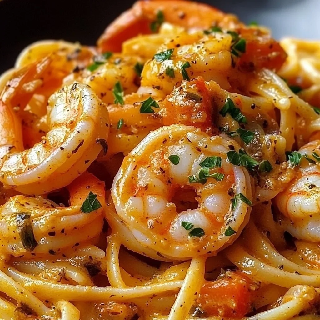 Plate of Jamaican shrimp pasta garnished with fresh herbs and spices