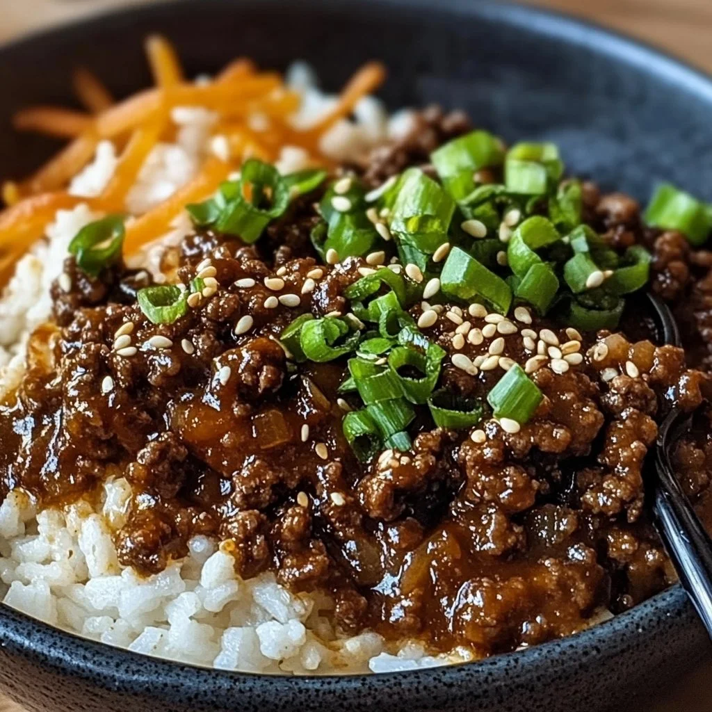 Korean Ground Beef Bowl with vegetables and rice in a vibrant dish