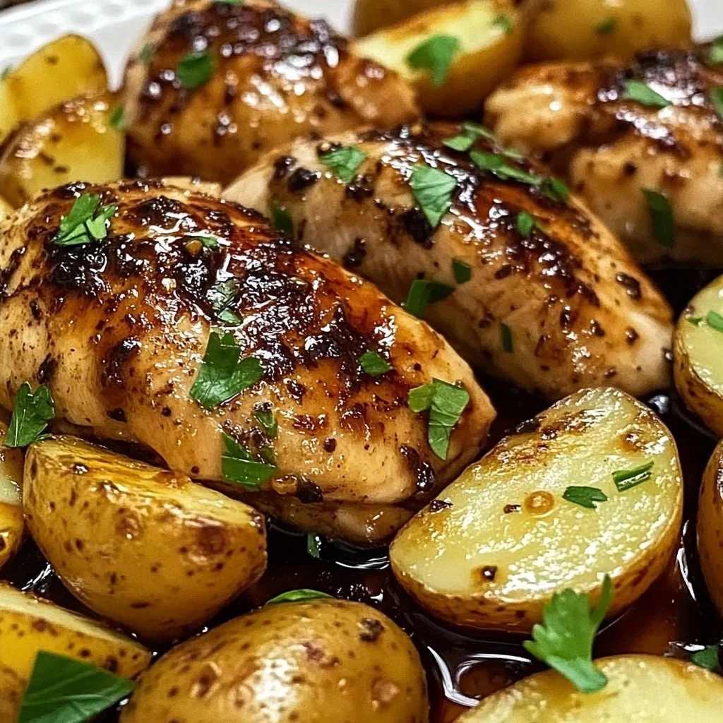 Lemon Balsamic Chicken and Potatoes served on a plate