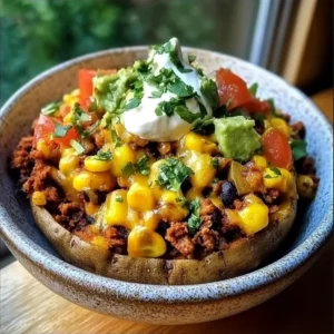 Delicious Loaded Potato Taco Bowl topped with fresh ingredients and spices