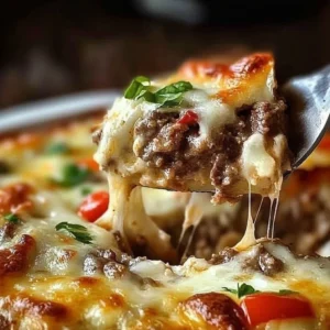 Philly Cheesesteak Casserole topped with melted cheese and peppers