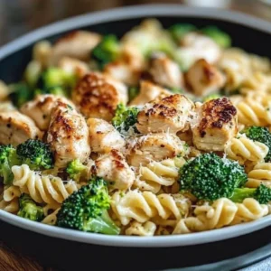 Rotisserie chicken broccoli pasta dish served in a bowl