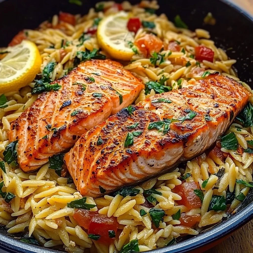 Delicious salmon orzo served in a bowl with fresh herbs and lemon slices.