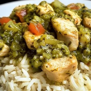 Plate of Salsa Verde Chicken served with rice and garnished with cilantro.