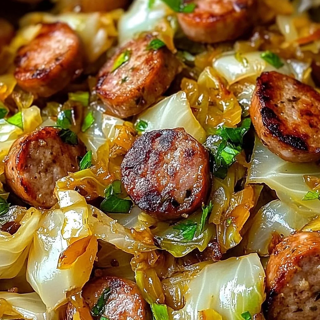 Sausage and cabbage stir fry served in a vibrant dish, showcasing fresh ingredients.