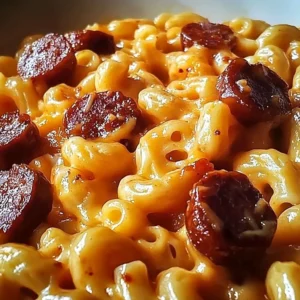 Spicy BBQ Cheddar Mac with Smoked Sausage in a creamy bowl