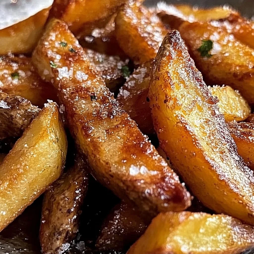 Plate of crispy steak fries with seasonings and dipping sauce