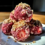 Strawberry Cheesecake Protein Bites on a plate garnished with fresh strawberries
