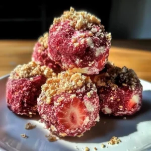 Strawberry Cheesecake Protein Bites on a plate garnished with fresh strawberries