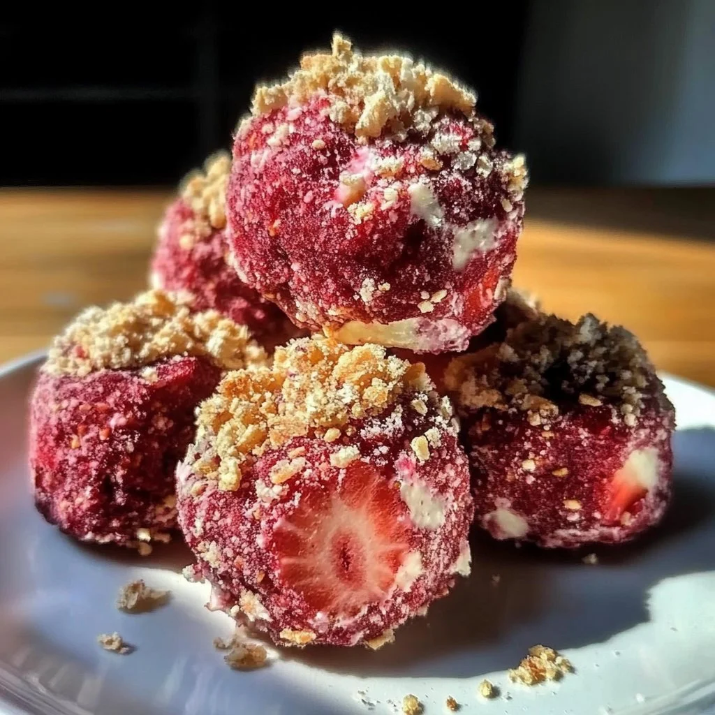Strawberry Cheesecake Protein Bites on a plate garnished with fresh strawberries