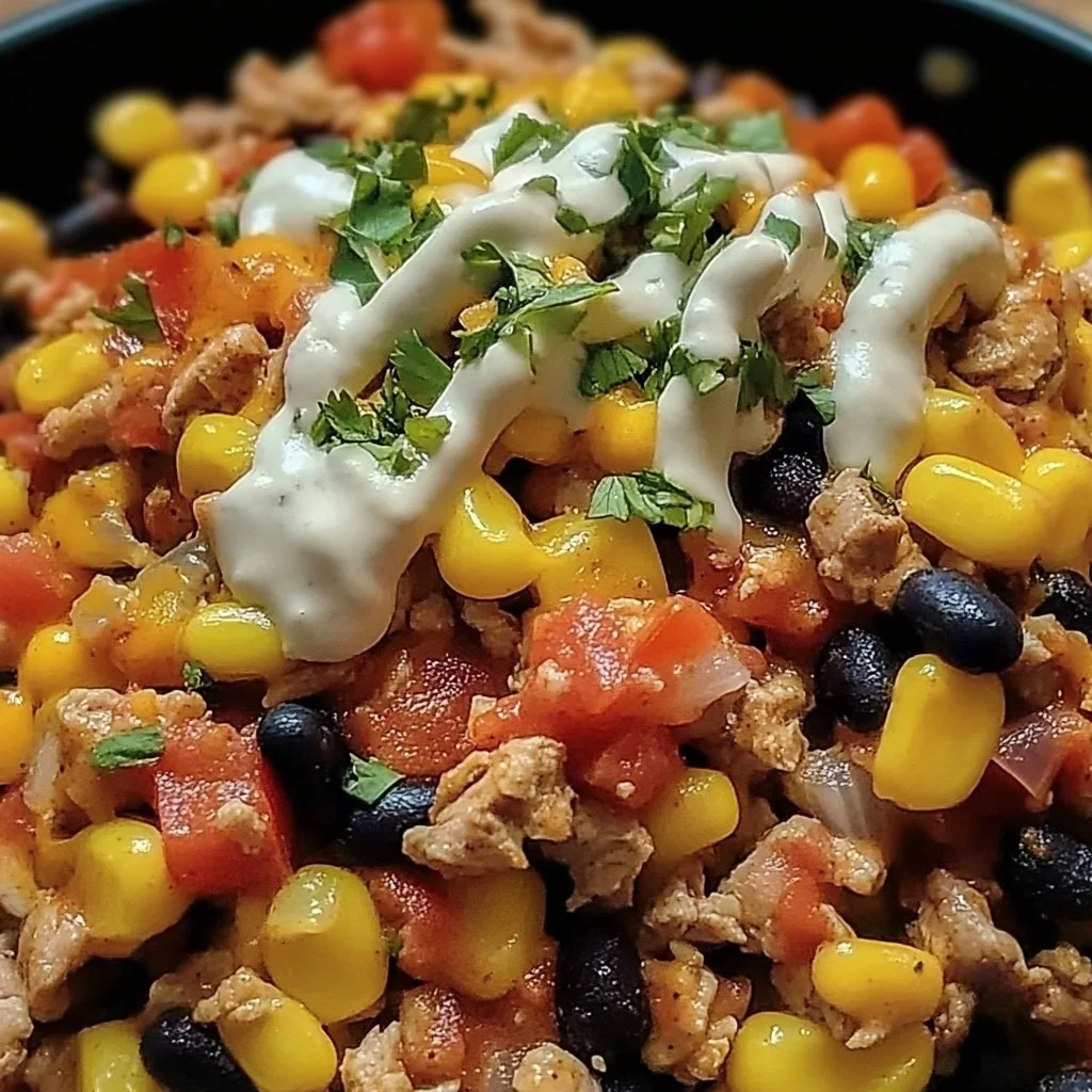 Delicious Turkey Taco Skillet garnished with fresh ingredients in a pan.