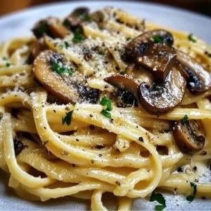 Plate of delicious Tuscan Mushroom Pasta topped with herbs and cheese