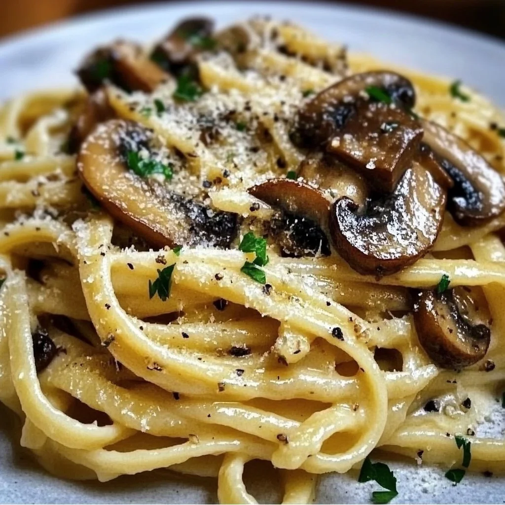 Plate of delicious Tuscan Mushroom Pasta topped with herbs and cheese