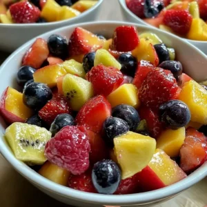 Colorful Valentine's Day fruit salad with strawberries,kiwis, and heart-shaped fruit