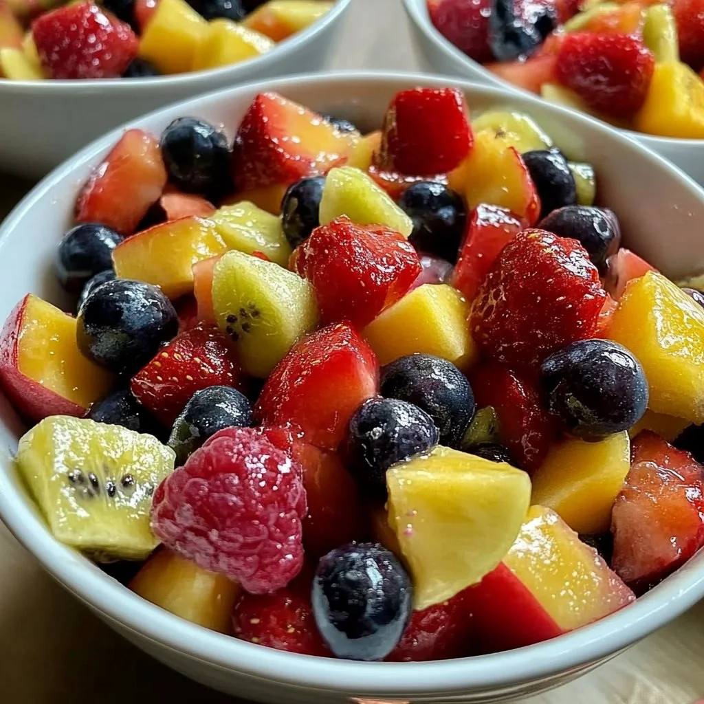 Colorful Valentine's Day fruit salad with strawberries,kiwis, and heart-shaped fruit