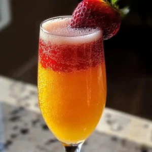 Valentine's Day Mimosa with strawberries and champagne in a glass