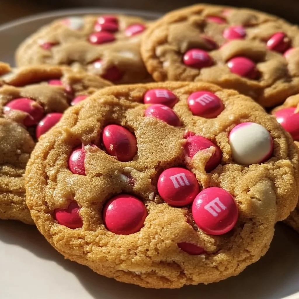 Valentine's Day M&M cookies decorated with pink and red candies on a plate.