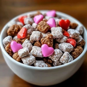 Delicious Valentine's Day Muddy Buddies treat with pink decor and heart shapes.