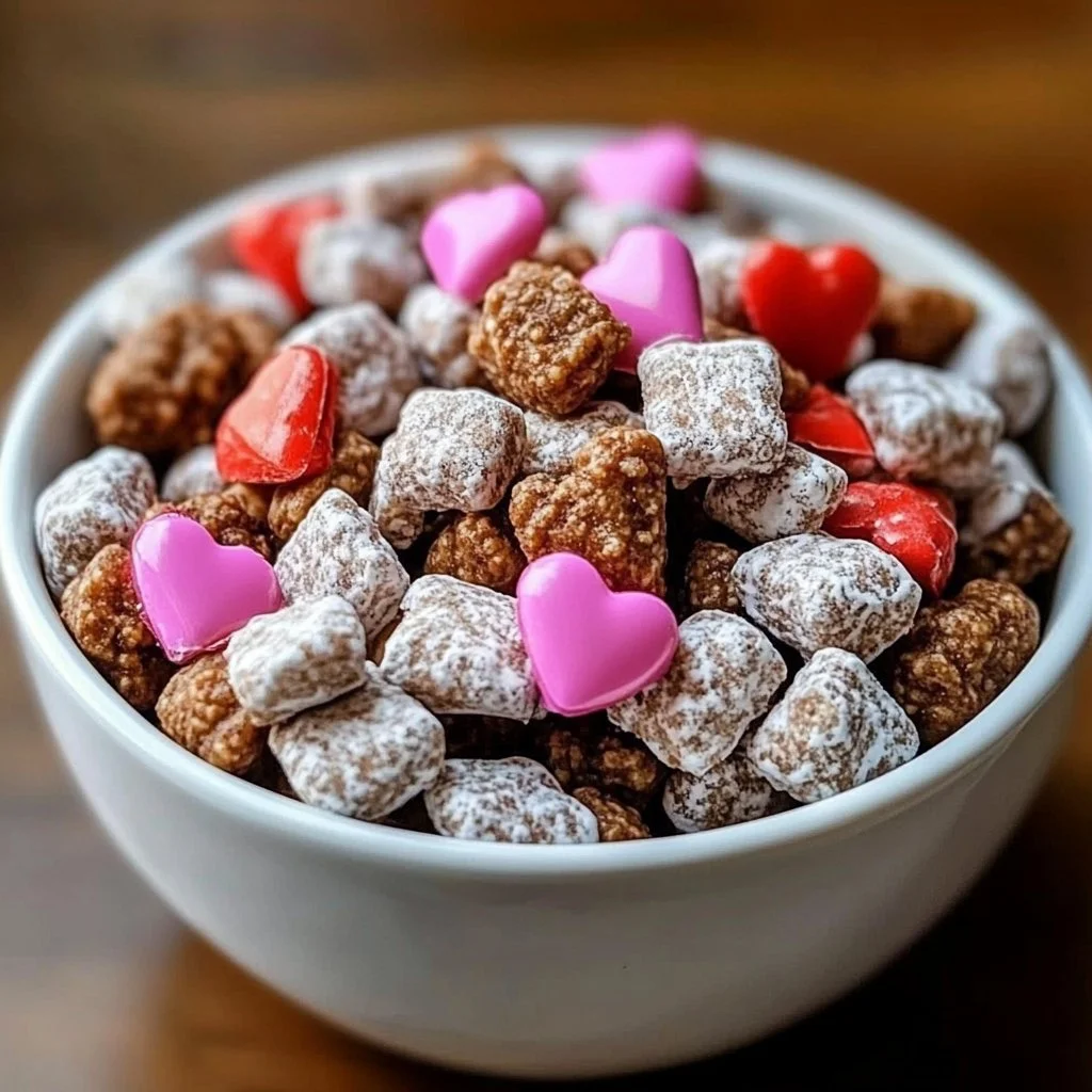 Delicious Valentine's Day Muddy Buddies treat with pink decor and heart shapes.