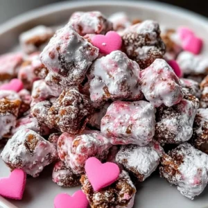 Valentine's Day Muddy Buddies with heart-shaped sprinkles