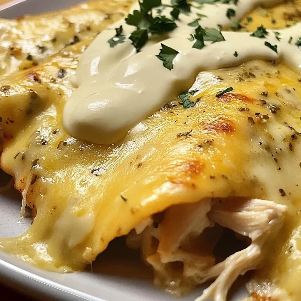 Delicious white chicken enchiladas topped with creamy sauce and fresh toppings