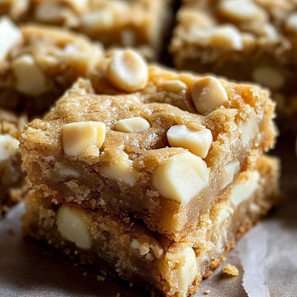 Delicious white chocolate macadamia cookie bars on a plate