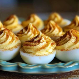 ABK's classic deviled eggs served on a platter with garnish