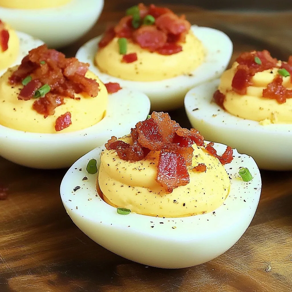 Deliciously topped Bacon Deviled Eggs on a platter for a tasty appetizer