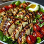 Baked marinated chicken salad with mozzarella and balsamic vinaigrette.