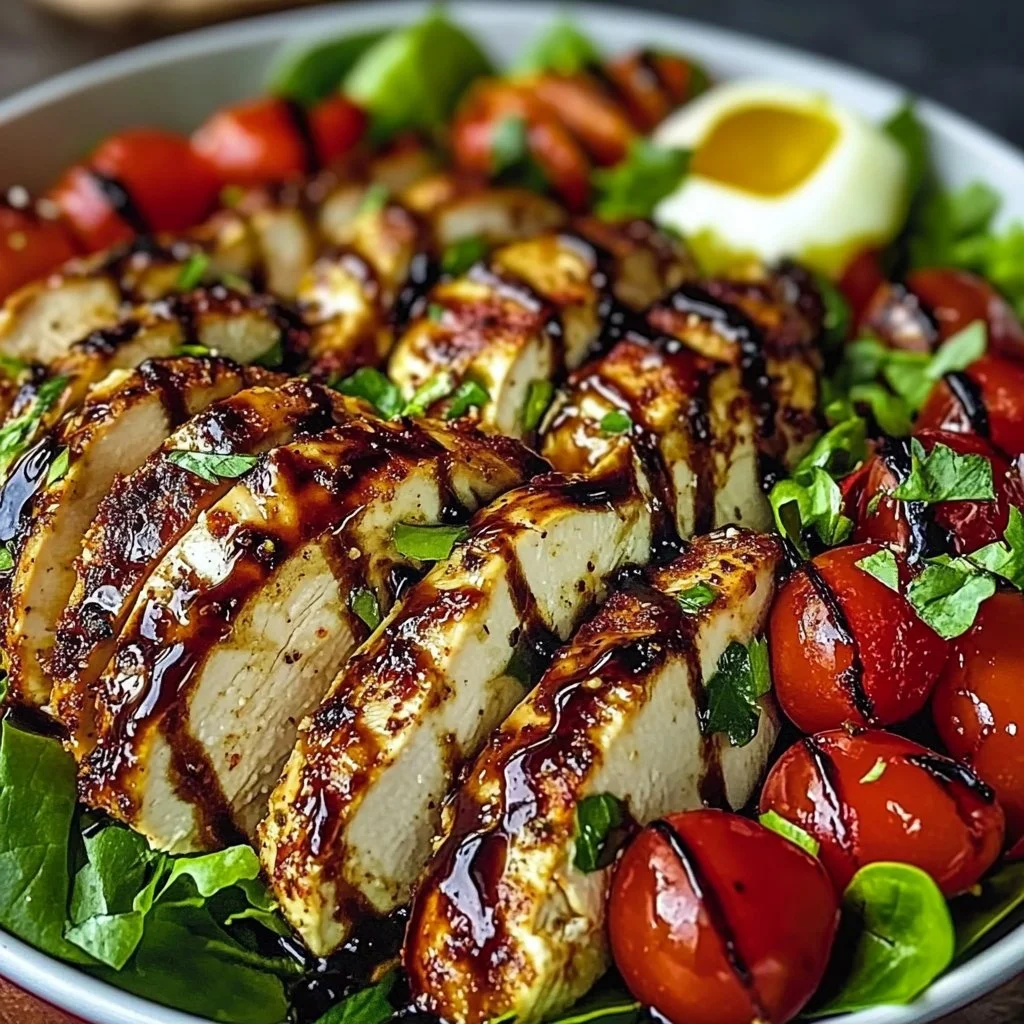 Baked marinated chicken salad with mozzarella and balsamic vinaigrette.