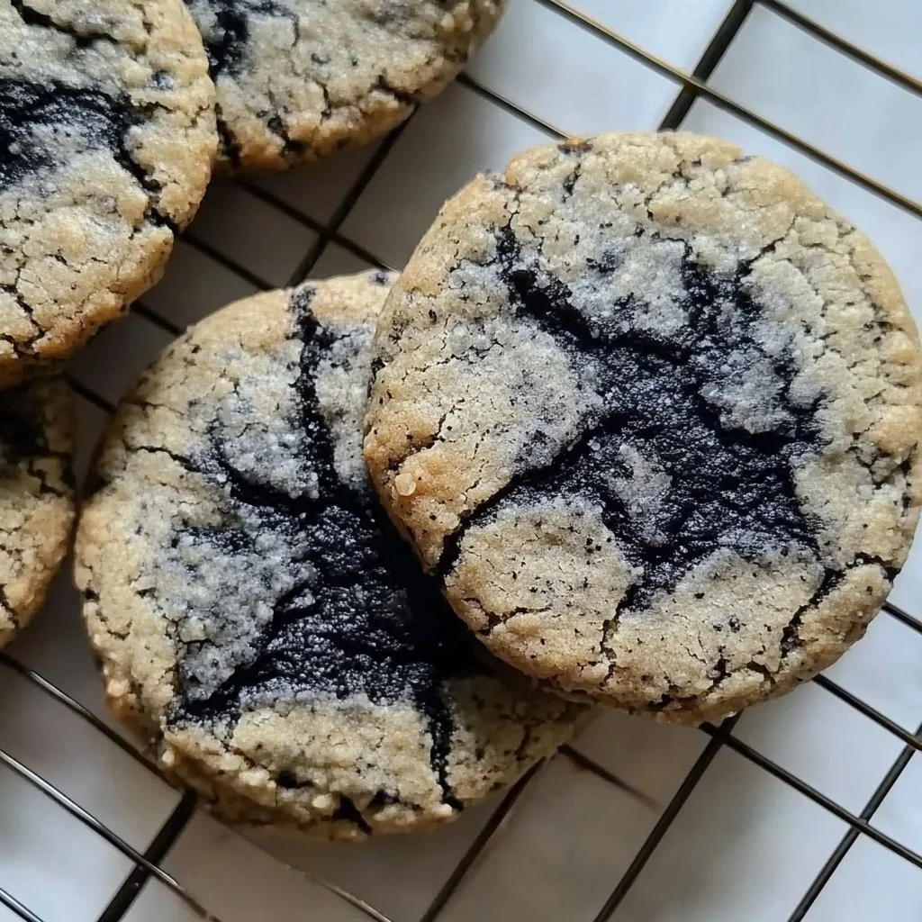 Plate of freshly baked Black Sesame Cookies with a garnish of black sesame seeds.