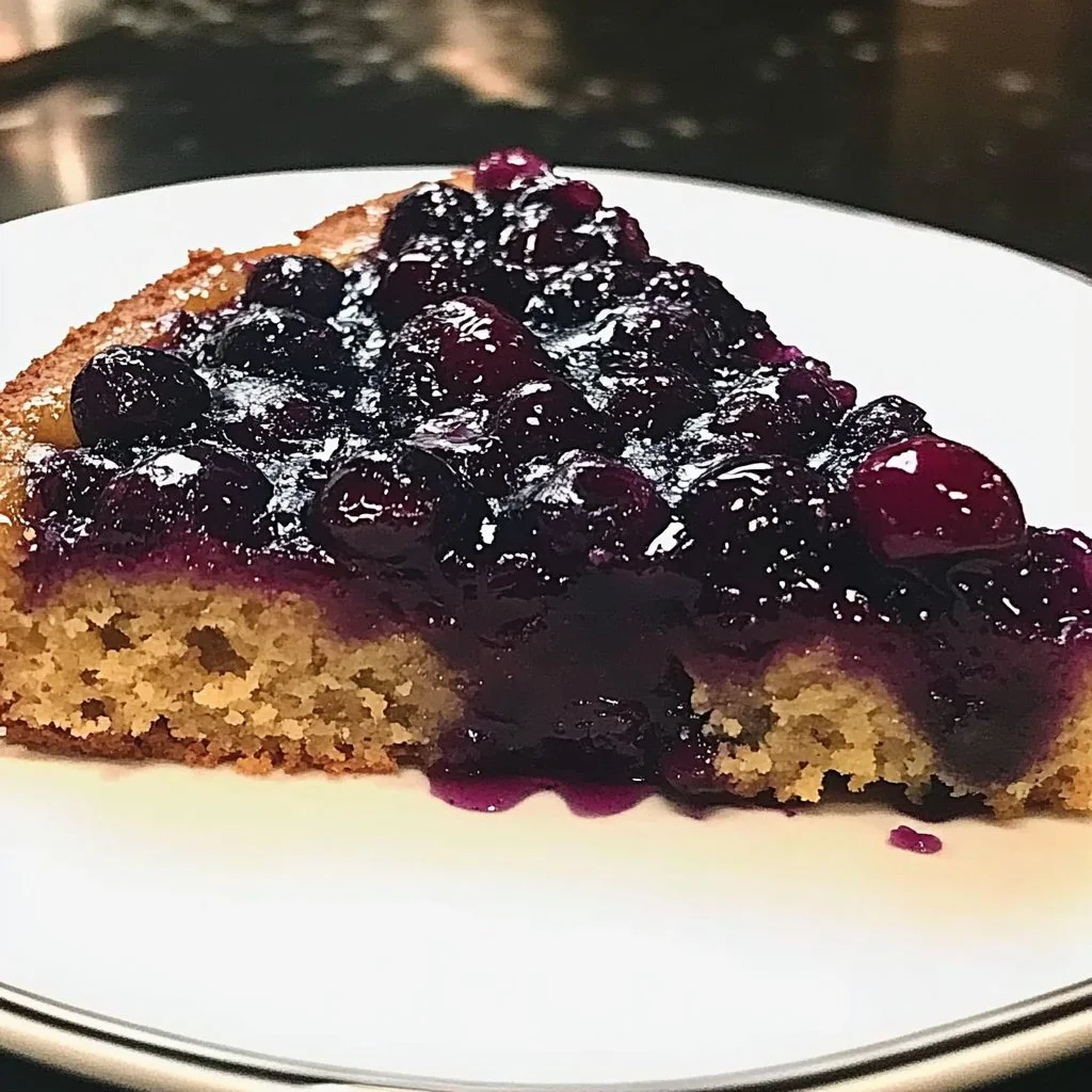 Blueberry Brown Sugar Upside Down Cake freshly baked and presented on a cooling rack.