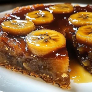 Caramelized Banana Upside Down Cake garnished with fresh bananas and caramel