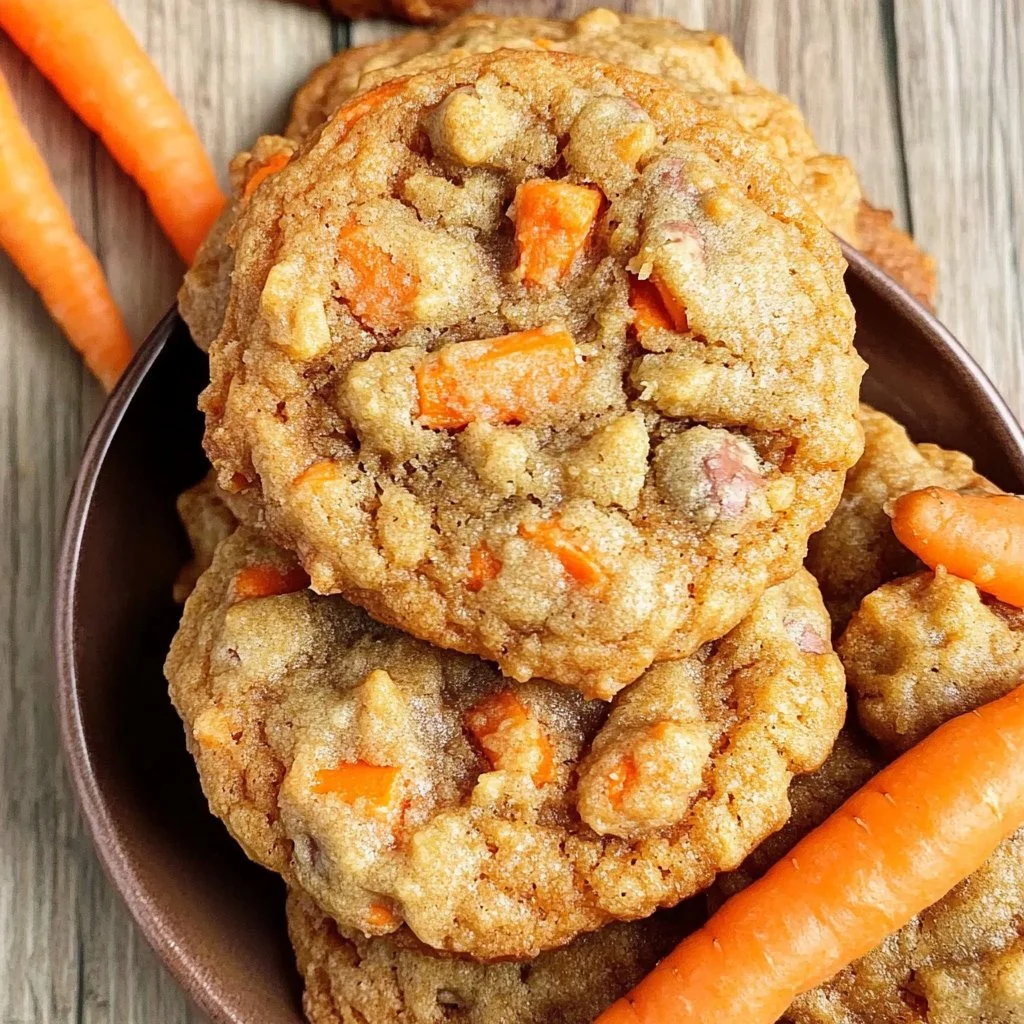 Delicious carrot cake cookies featuring frosting and chopped nuts.