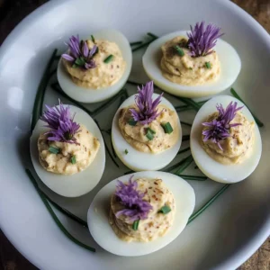 Chive and Truffle Deviled Eggs topped with vibrant chive blossoms