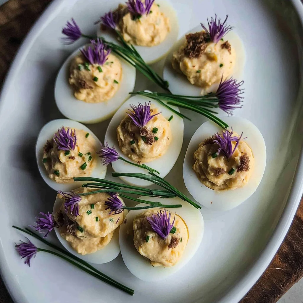Chive and Truffle Deviled Eggs Garnished with Chive Blossoms