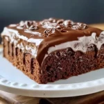 A delicious slice of Chocolate Three Milks Cake topped with chocolate drizzle and whipped cream.