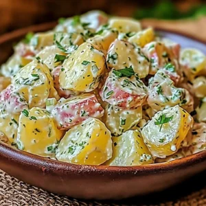 Classic French-Style Potato Salad with herbs and dressing on a plate