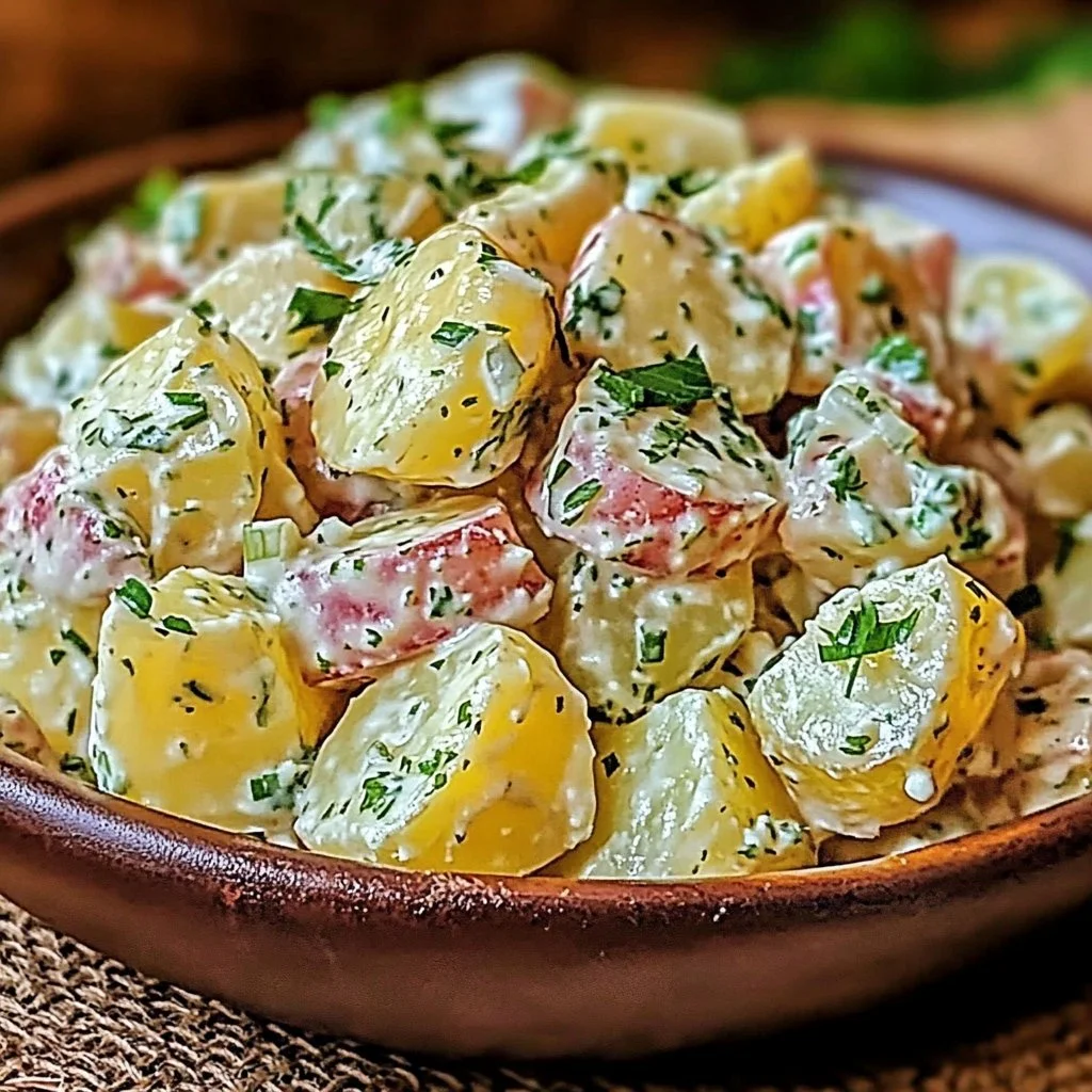 Classic French-Style Potato Salad with herbs and dressing on a plate