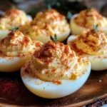 Homemade creamy classic deviled eggs garnished with paprika.