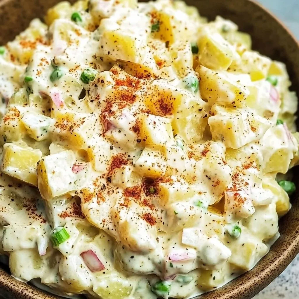 A bowl of creamy potato egg salad garnished with herbs