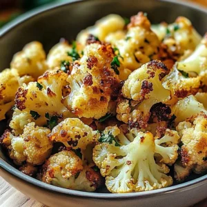 A bowl of crispy oven roasted cauliflower garnished with herbs and spices.