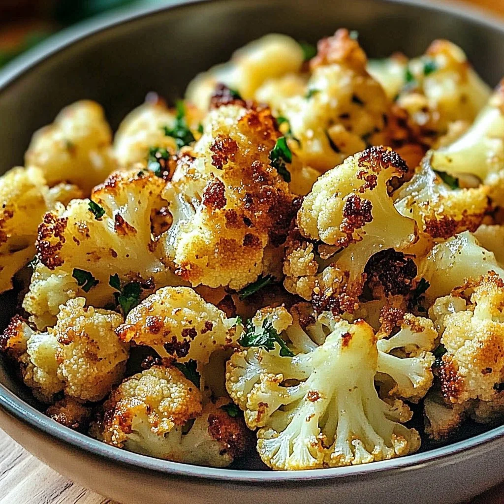 A bowl of crispy oven roasted cauliflower garnished with herbs and spices.