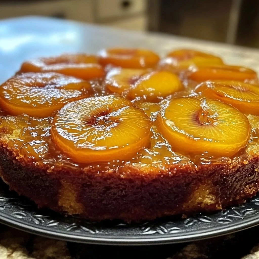 Decadent apricot upside down cake served on a wooden table