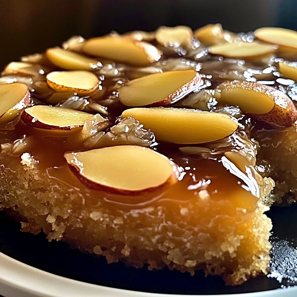 Delicious almond pear upside-down cake with caramelized pear topping