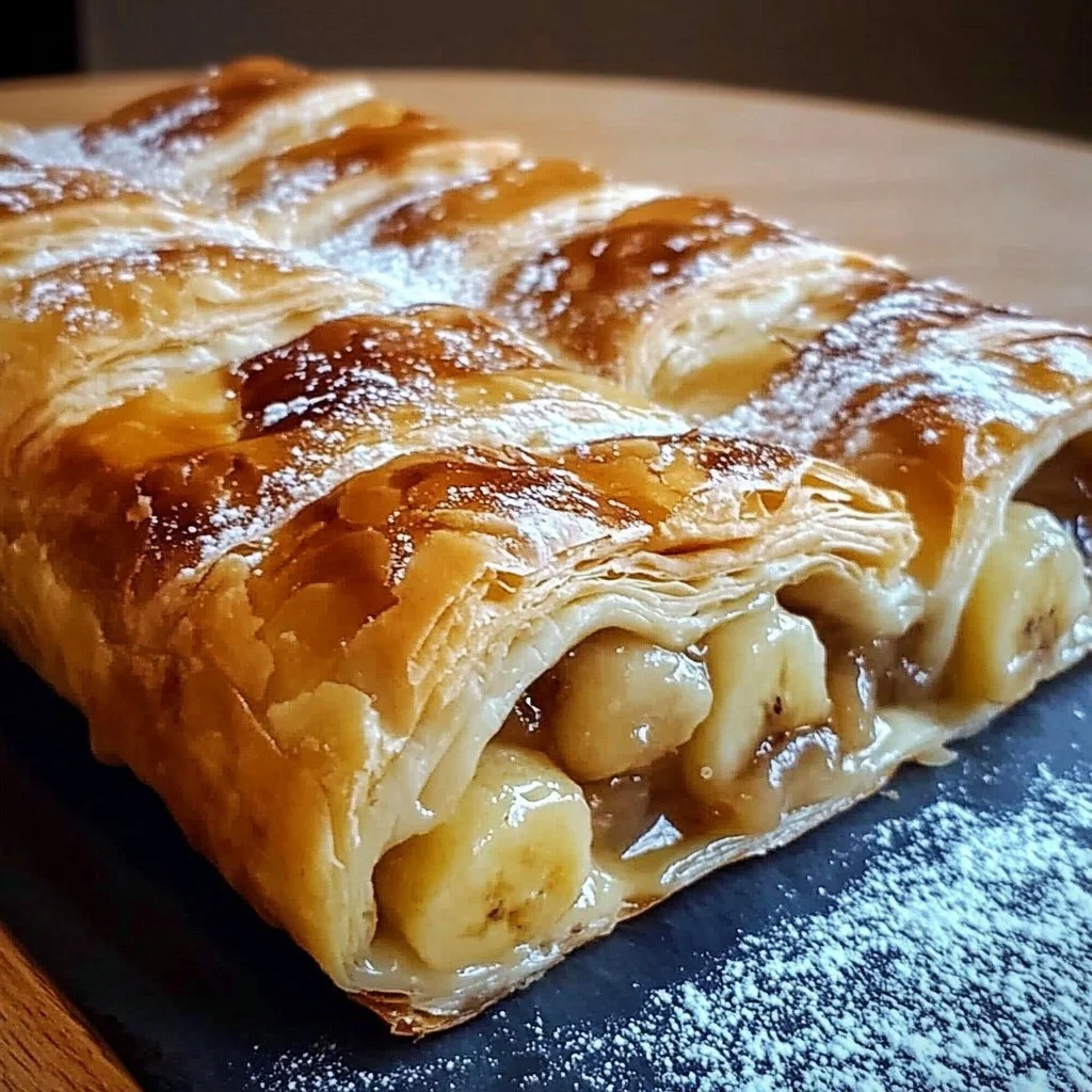 Delicious homemade banana strudel with flaky pastry and fresh bananas